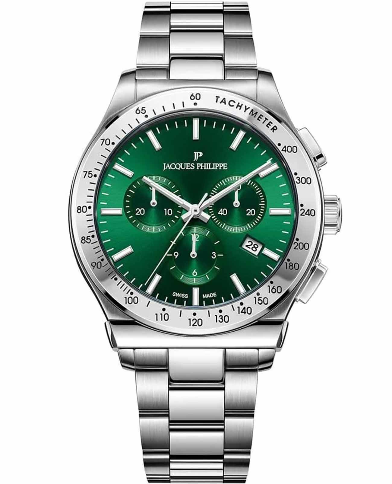 Jacques Philippe Jacques Philippe Classicus JPQGC7013X6  JPQGC7013X6 кварцевые мужские часы зеленый циферблат, браслет нержавеющая сталь 316l — вид спереди