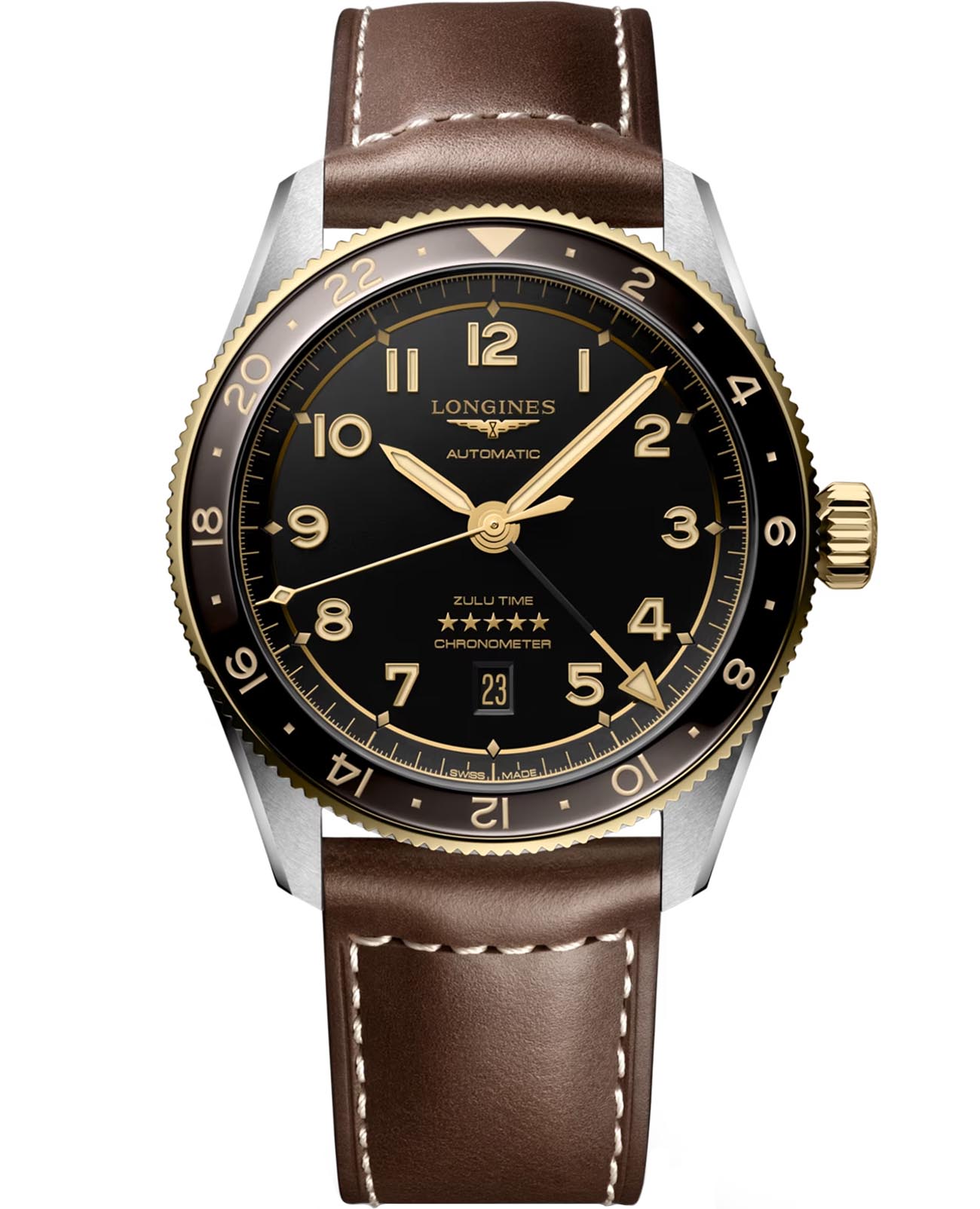 Longines Longines Spirit L3.812.5.53.2  L38125532 механические мужские часы черный циферблат, браслет кожаный — вид спереди