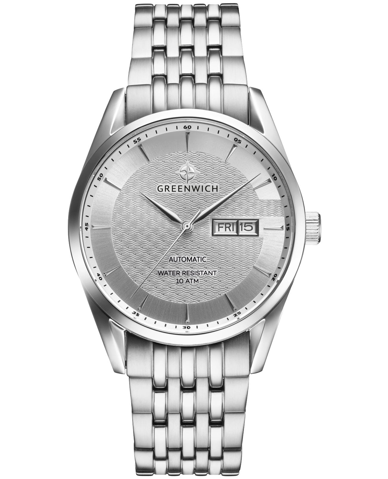Greenwich Greenwich Good Luck Classic GW 074.10.33  GW 074.10.33 механические мужские часы серебристый циферблат, браслет нержавеющая сталь — вид спереди