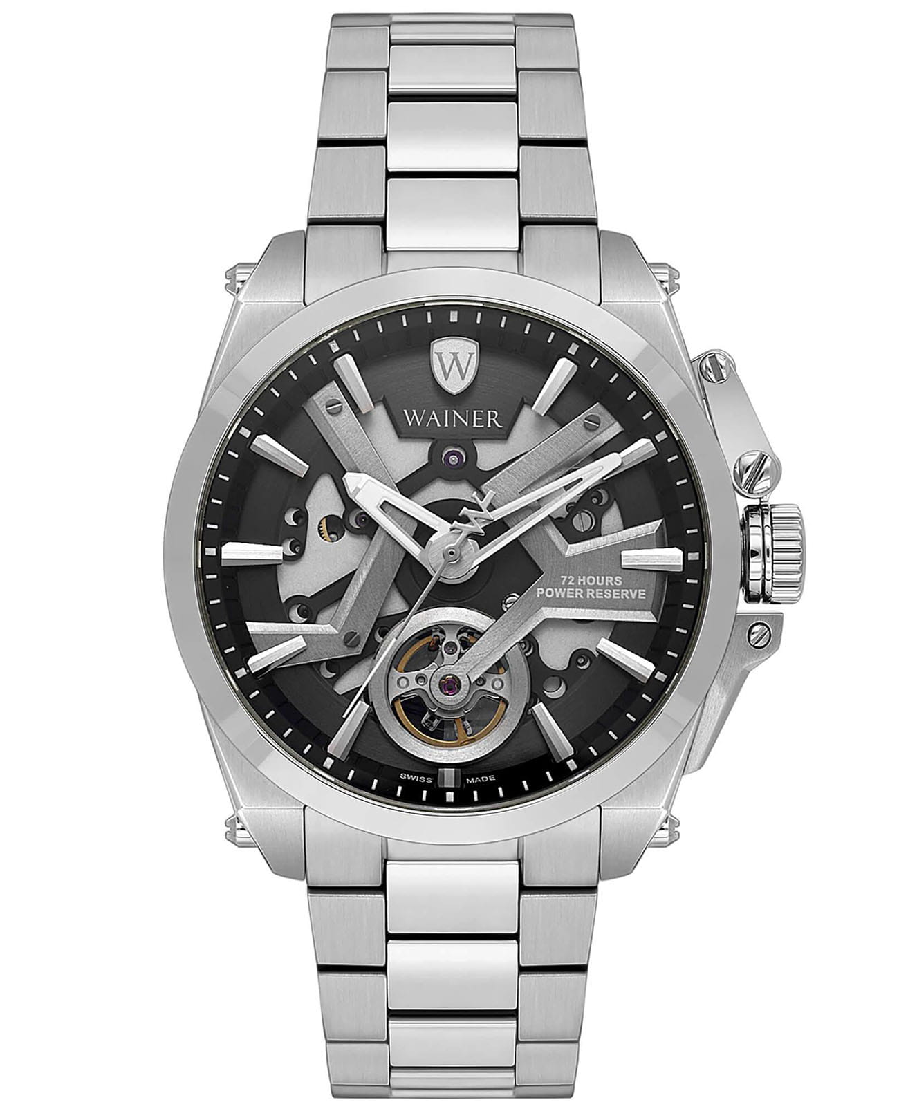 Wainer Wainer WA.25250-C  WA.25250-C механические мужские часы черный циферблат, браслет нержавеющая сталь — вид спереди