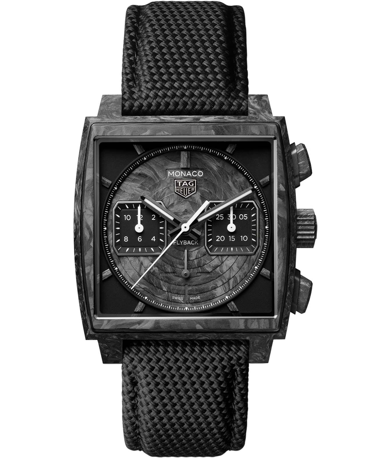 TAG Heuer TAG Heuer Monaco Flyback Chronograph TH-Carbonspring CBL5190.FT6313  CBL5190.FT6313 механические мужские часы черный циферблат, браслет каучук — вид спереди