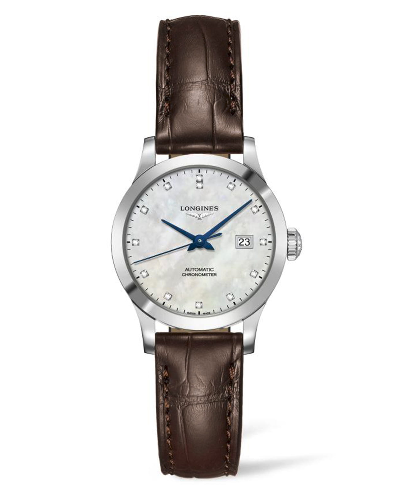 Longines Longines Record  L2.321.4.87.2  L23214872 механические женские часы перламутровый циферблат, браслет кожаный — вид спереди