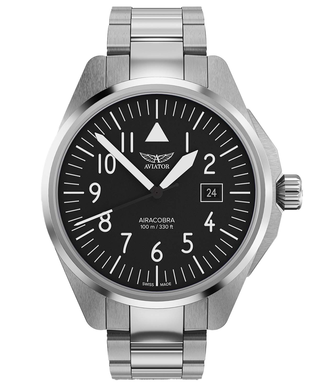 Aviator Aviator Airacobra V.1.38.0.315.5  V.1.38.0.315.5 кварцевые мужские часы серебристый циферблат, браслет нержавеющая сталь — вид спереди