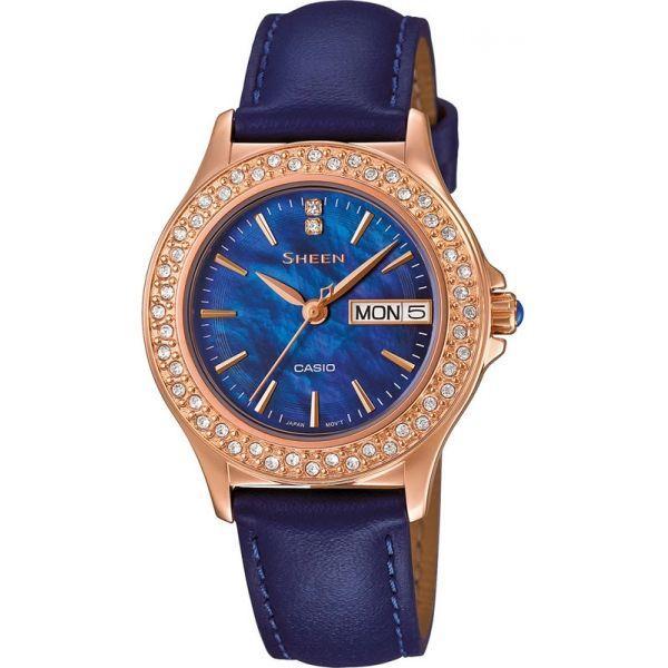 Casio Casio Sheen SHE-4800GL-2A  SHE-4800GL-2A кварцевые женские часы синий циферблат, браслет кожа + текстиль — вид спереди