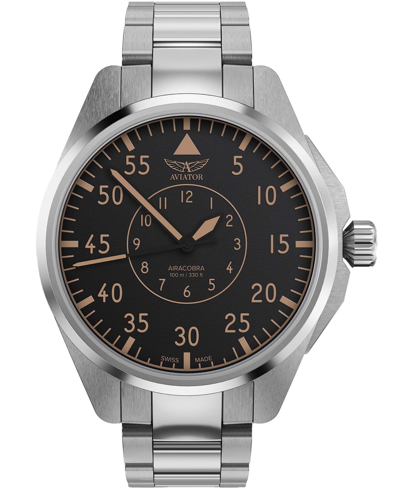 Aviator Aviator Airacobra 43 Heritage V.3.39.0.341.5  V.3.39.0.341.5 механические мужские часы черный циферблат, браслет нержавеющая сталь — вид спереди