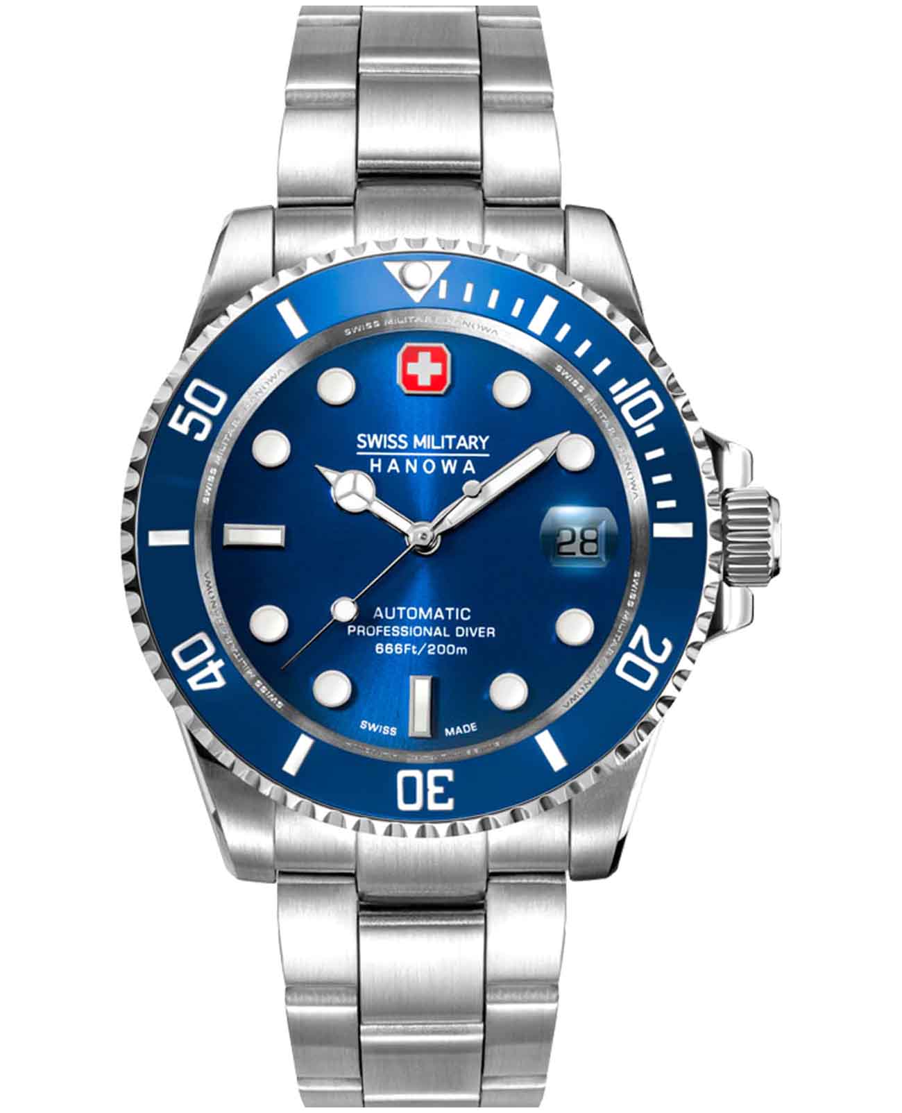 Swiss Military Hanowa Swiss Military Hanowa Sealord SMWGL0006304  SMWGL0006304 механические мужские часы синий циферблат, браслет нержавеющая сталь — вид спереди