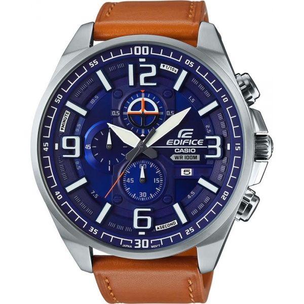 Casio Casio Edifice EFR-555L-2A EFR EFR-555L-2A кварцевые мужские часы синий циферблат, браслет кожаный — вид спереди