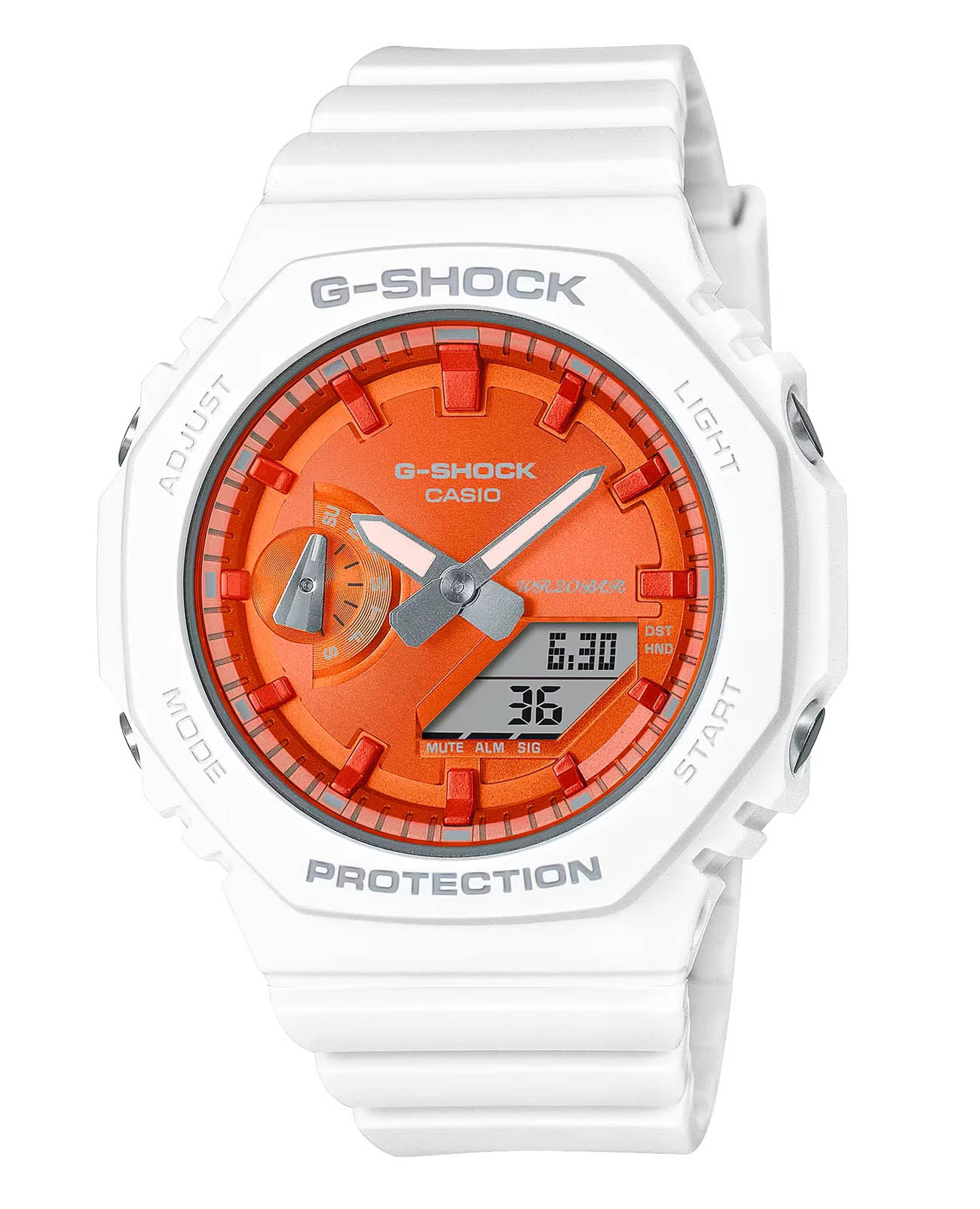 Casio Casio G-Shock GMA-S2100WS-7ADR (GMA-S2100WS-7A)  GMA-S2100WS-7A электронные женские часы оранжевый циферблат, браслет полимер — вид спереди