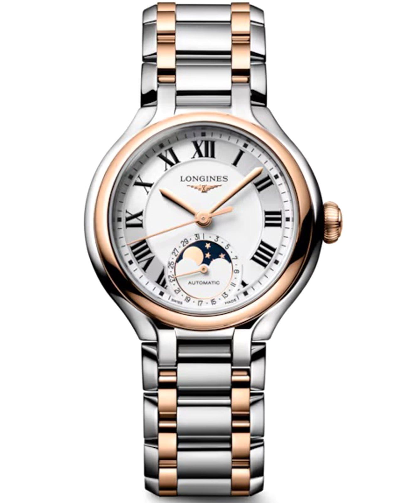 Longines Longines Elegance PrimaLuna Moonphase L8.126.5.71.7  L81265717 механические женские часы белый циферблат, браслет нержавеющая сталь и 18 каратное розовое золото — вид спереди