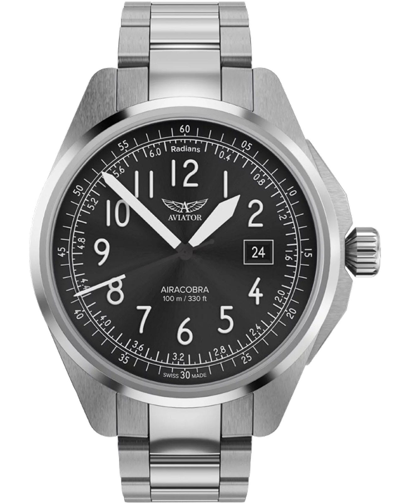 Aviator Aviator Airacobra 43 Type B V.1.38.0.322.5  V.1.38.0.322.5 кварцевые мужские часы черный циферблат, браслет нержавеющая сталь — вид спереди