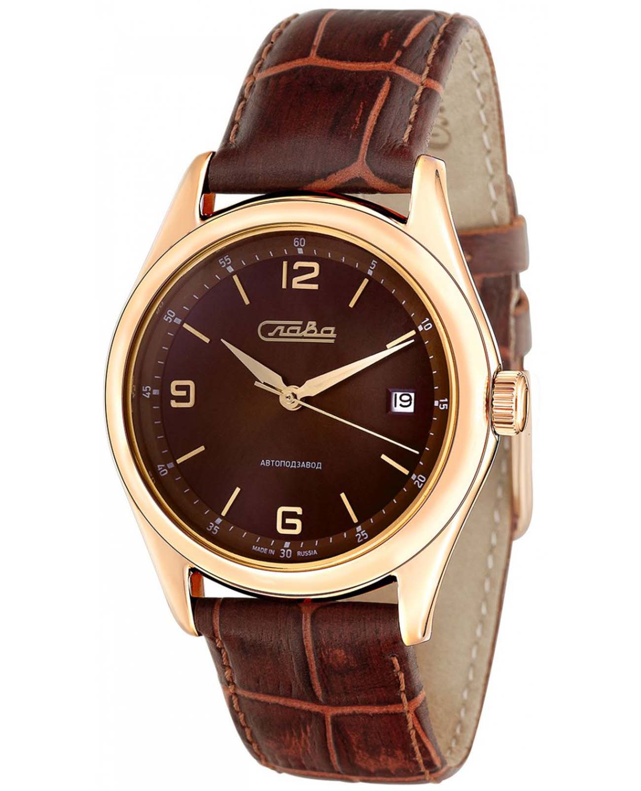 Слава Слава Премьер 1493279/300-8215  1493279/300-8215 механические мужские часы коричневый циферблат, браслет кожаный — вид спереди