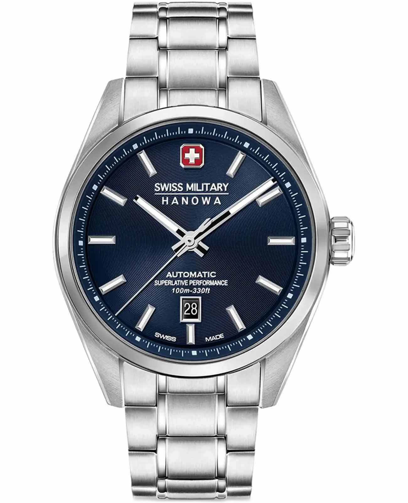 Swiss Military Hanowa Swiss Military Hanowa Majestic Pioneer SMWGL0006202  SMWGL0006202 механические мужские часы синий циферблат, браслет нержавеющая сталь 316l — вид спереди