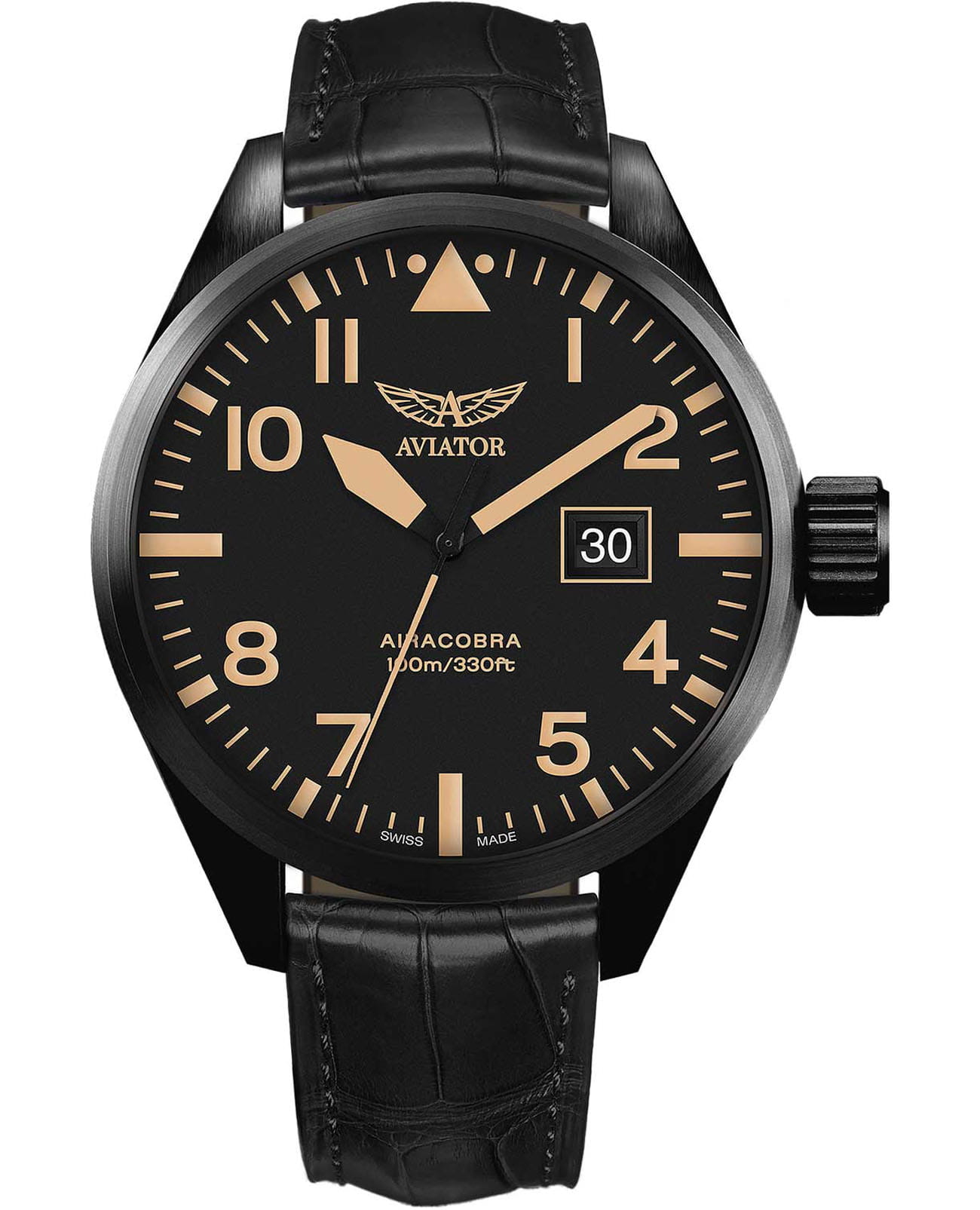 Aviator Aviator Airacobra P42 V.1.22.5.157.4  V.1.22.5.157.4 кварцевые мужские часы черный циферблат, браслет кожаный — вид спереди