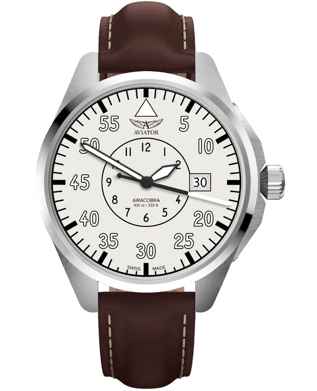 Aviator Aviator Airacobra V.3.39.0.342.0  V.3.39.0.342.0 механические мужские часы бежевый циферблат, браслет кожаный — вид спереди