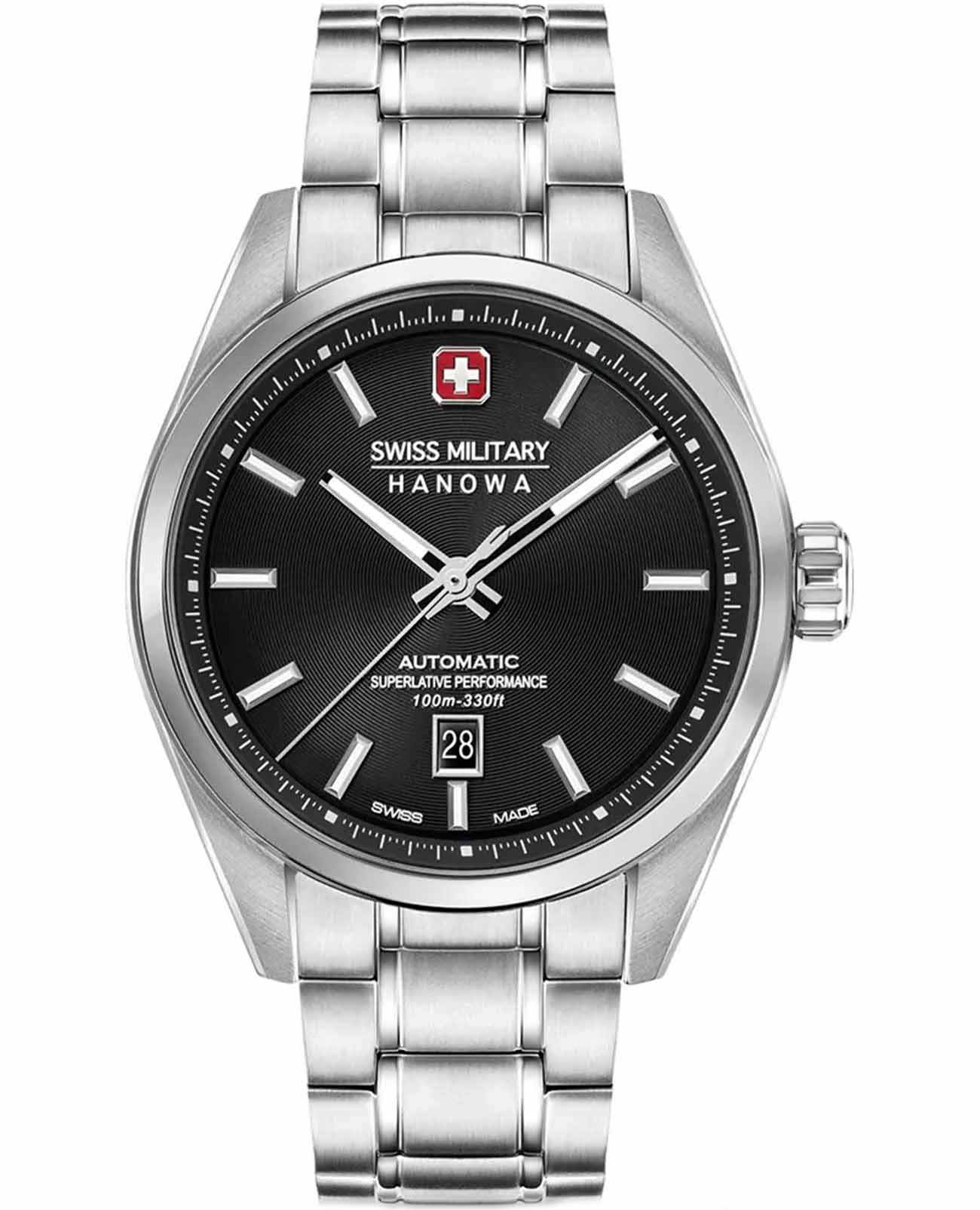 Swiss Military Hanowa Swiss Military Hanowa Majestic Pioneer SMWGL0006201  SMWGL0006201 механические мужские часы черный циферблат, браслет нержавеющая сталь 316l — вид спереди