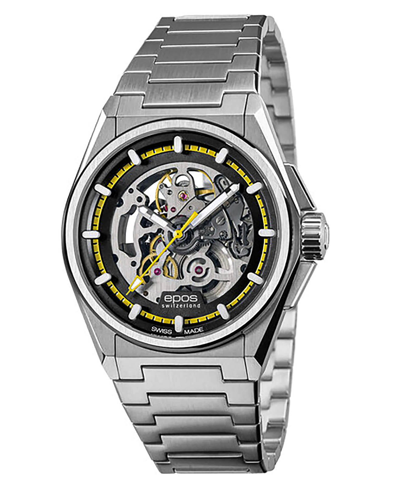 Epos Epos Sportive 3505.139.20.15.30  3505.139.20.15.30 механические мужские часы черный циферблат, браслет нержавеющая сталь — вид спереди
