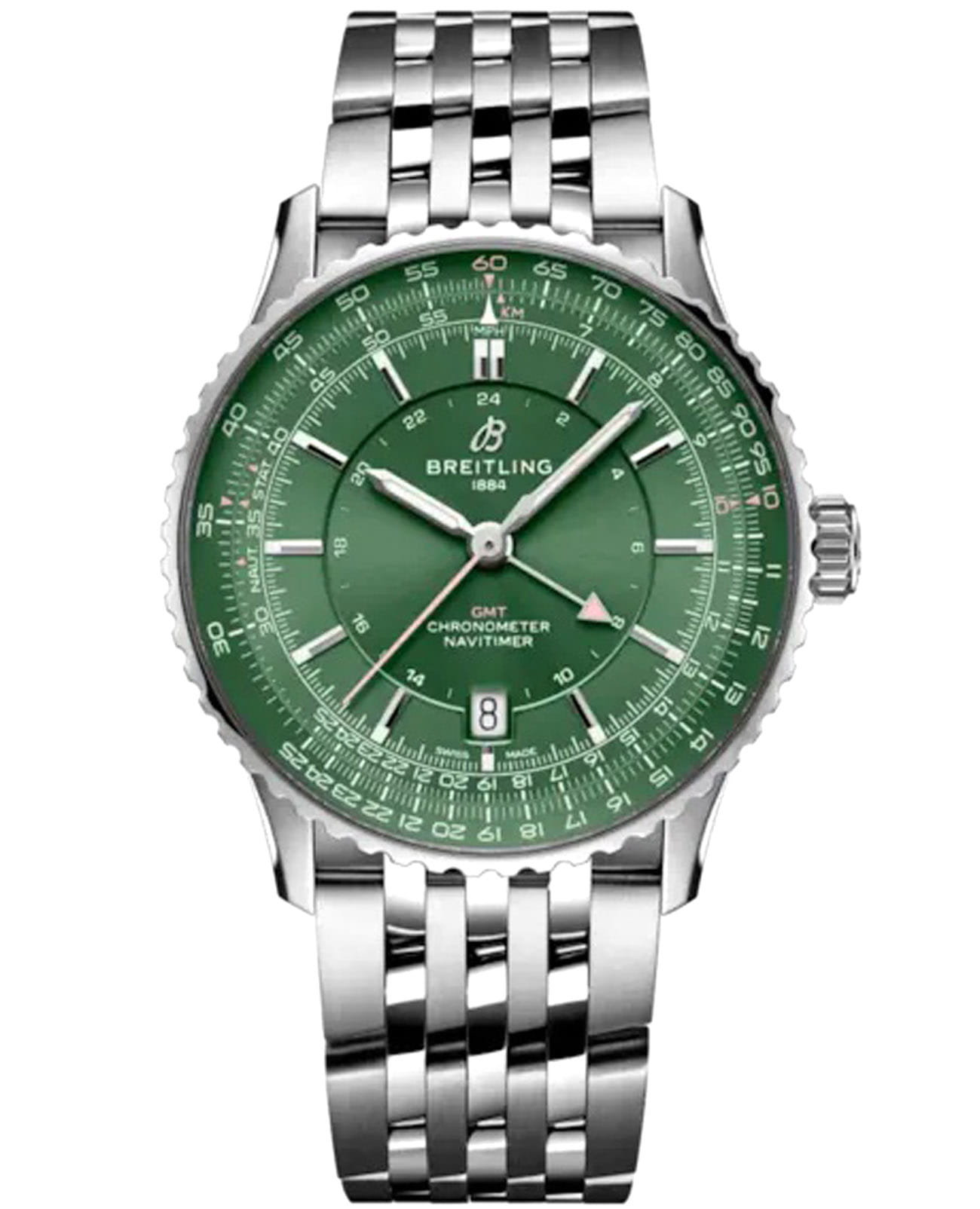 Breitling Breitling Navitimer Automatic GMT 41 A323102A1L1A1  A323102A1L1A1 механические мужские часы зеленый циферблат, браслет нержавеющая сталь — вид спереди
