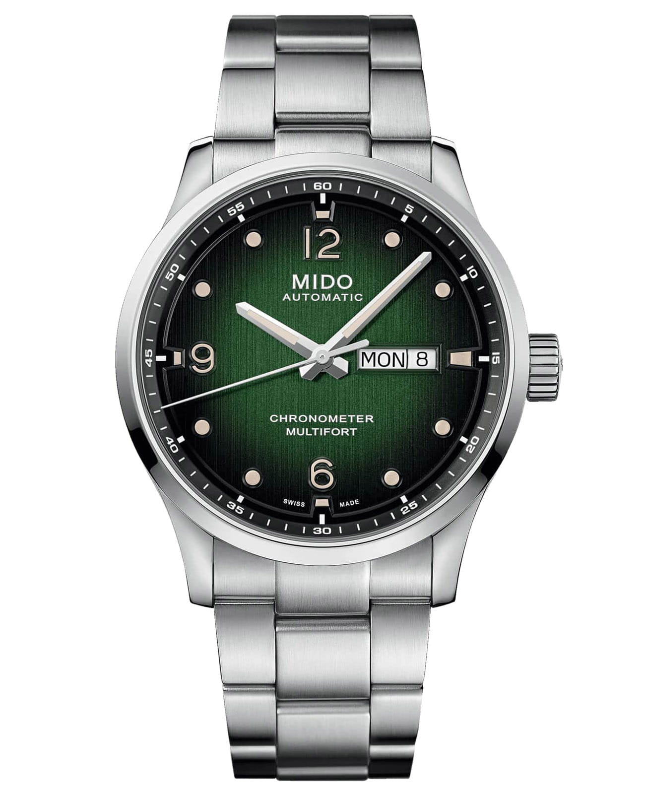 Mido Mido Multifort M Chronometer M038.431.11.097.00  M0384311109700 механические мужские часы зеленый циферблат, браслет нержавеющая сталь — вид спереди