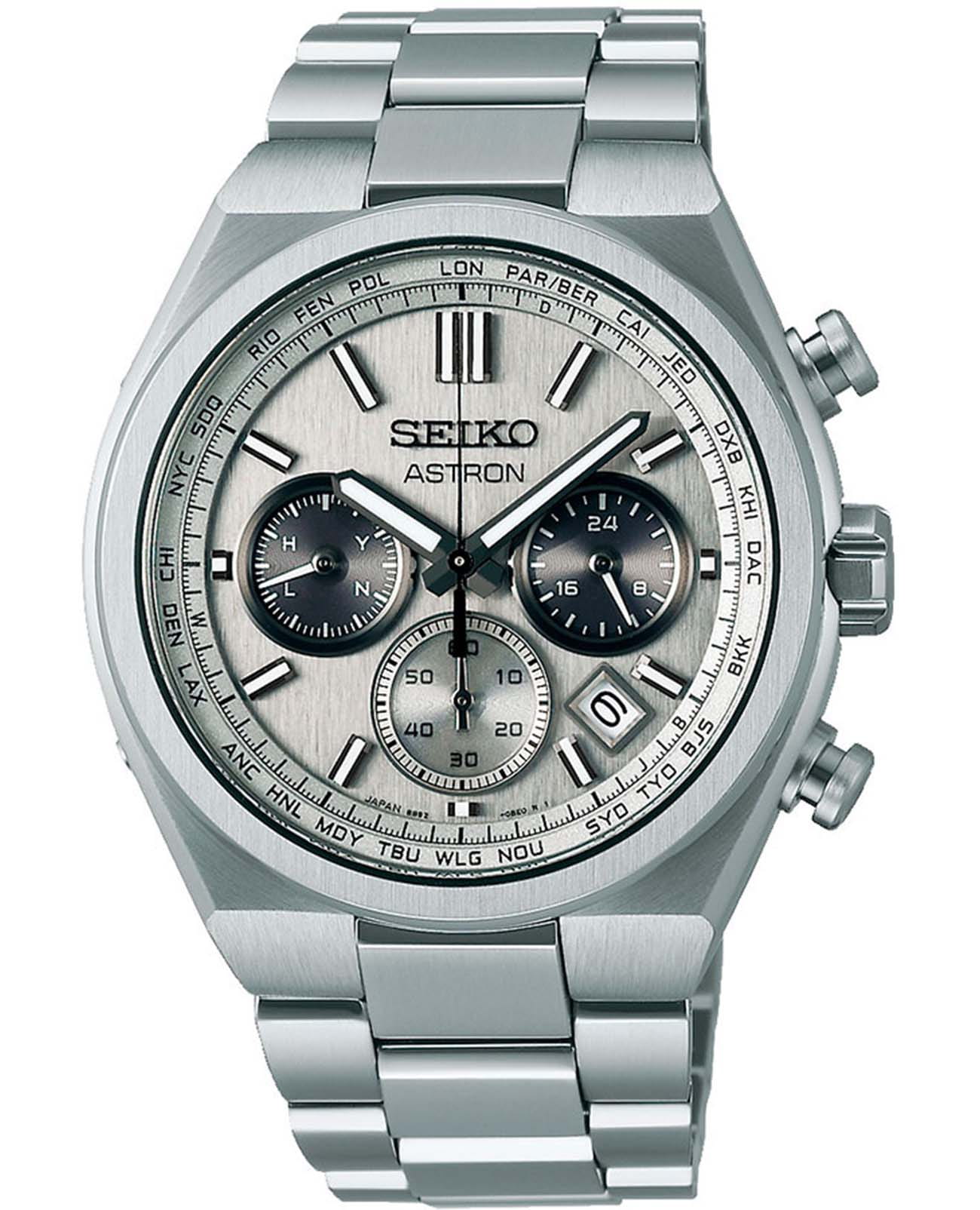 Seiko Seiko Astron Nexter Solar Radio SBXY095  SBXY095 кварцевые мужские часы белый циферблат, браслет титановый — вид спереди