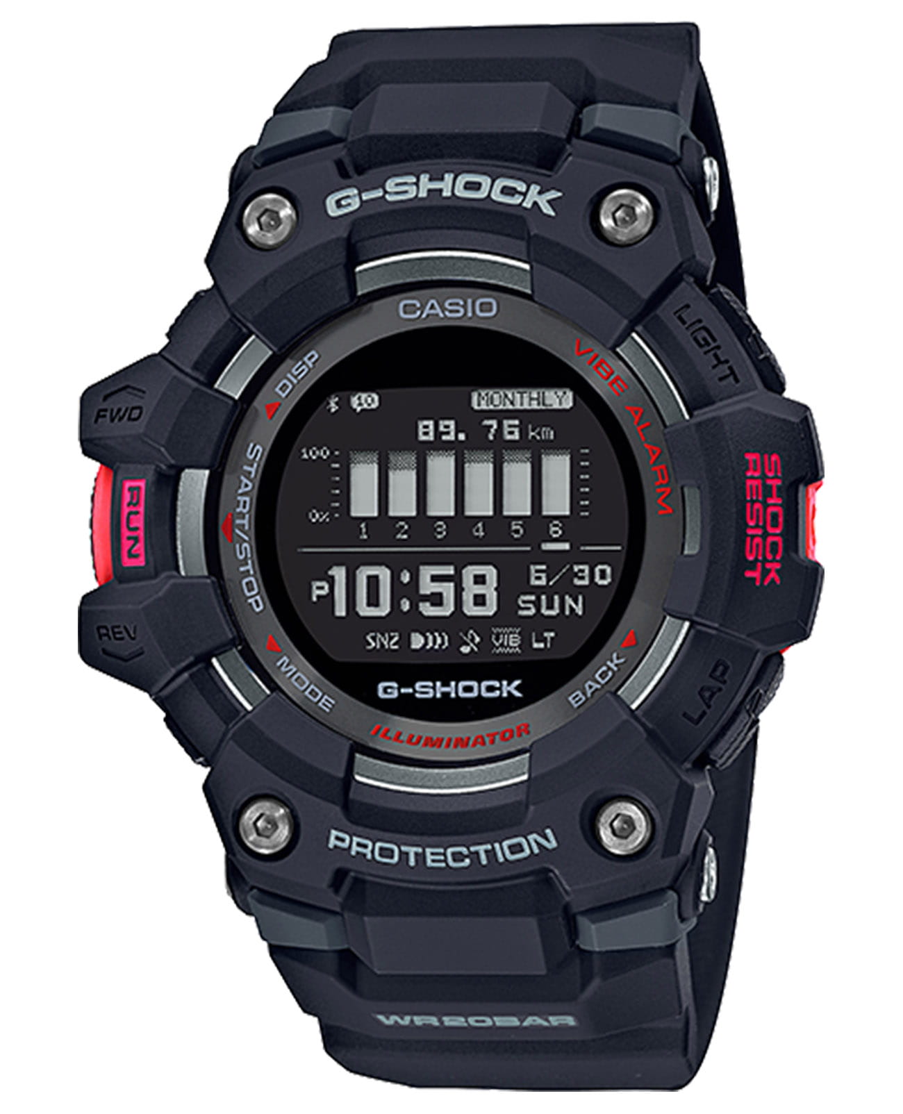 Casio Casio G-Shock GBD-100-1DR (GBD-100-1) G-SQUAD GBD-100-1 электронные мужские часы черный циферблат, браслет пластик — вид спереди