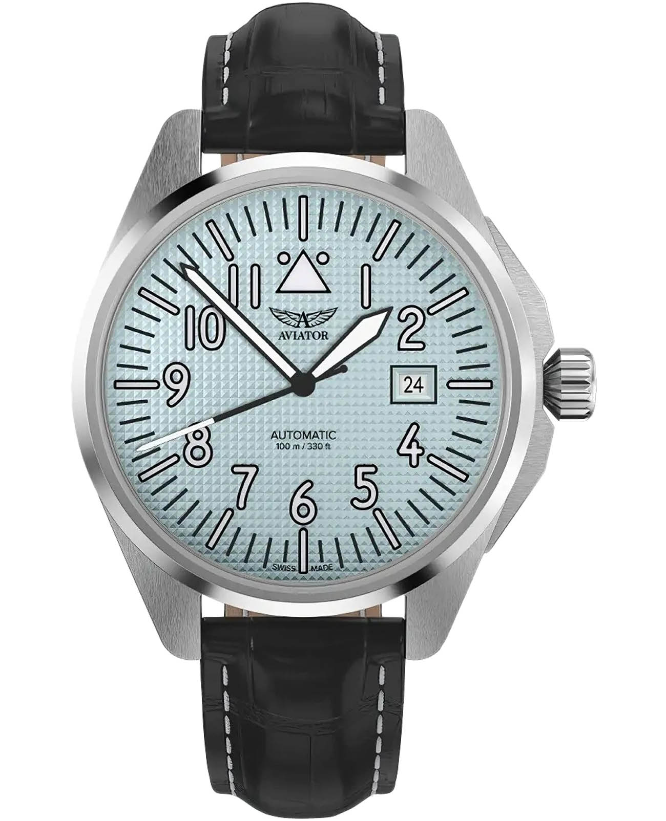 Aviator Aviator Airacobra V.3.39.0.337.4  V.3.39.0.337.4 механические мужские часы голубой циферблат, браслет кожаный — вид спереди