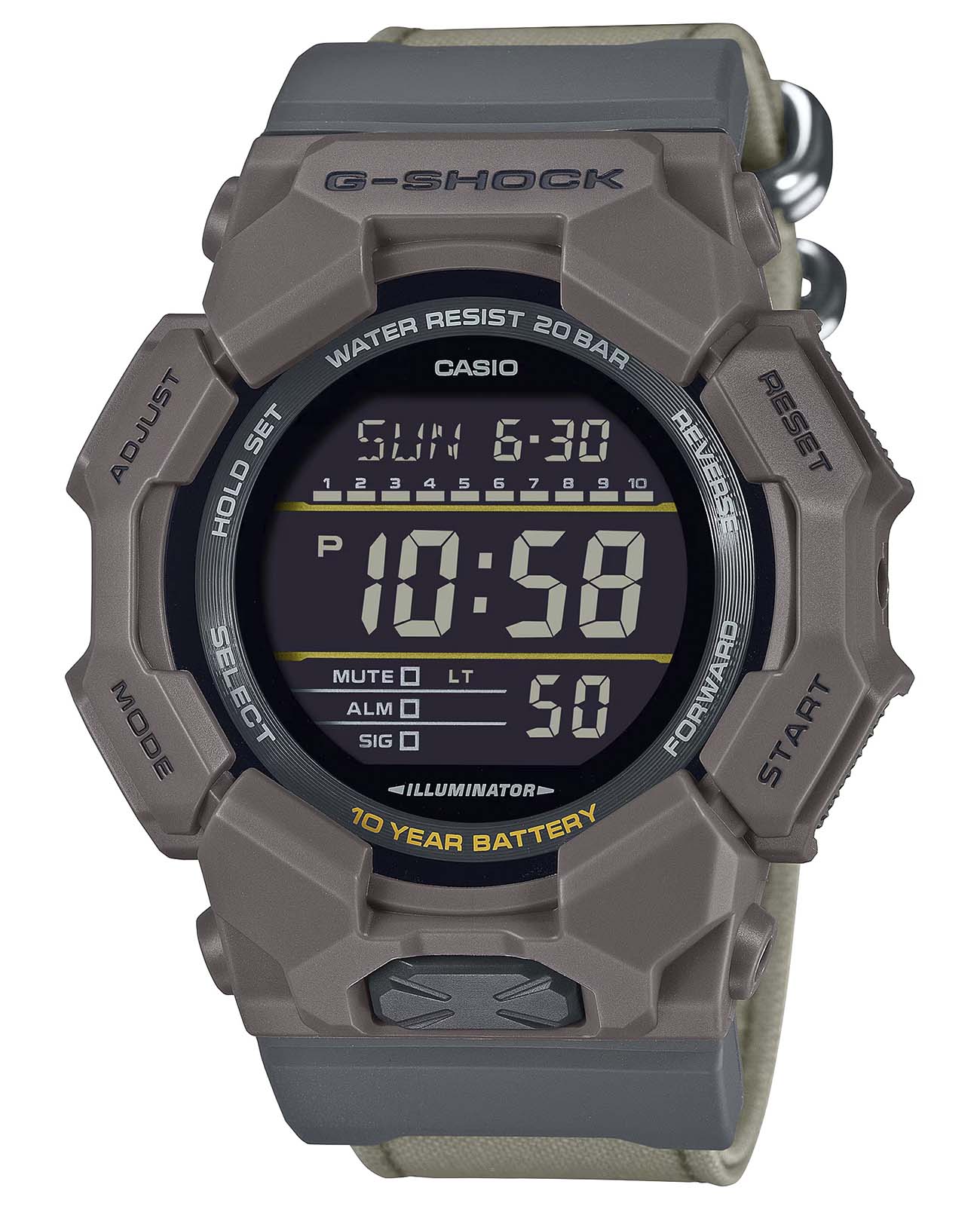 Casio Casio G-Shock GD-010CE-5  GD-010CE-5 электронные мужские часы черный циферблат, браслет нейлон — вид спереди