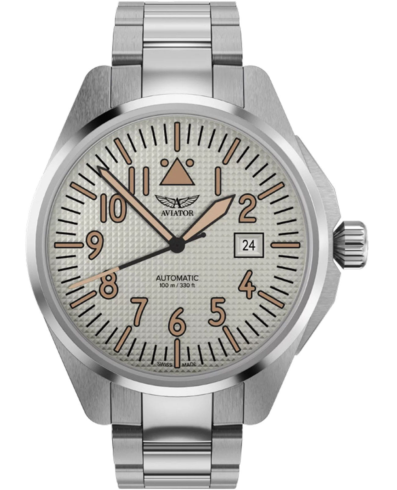 Aviator Aviator Airacobra 43 Auto V.3.39.0.336.5  V.3.39.0.336.5 механические мужские часы серый циферблат, браслет нержавеющая сталь — вид спереди