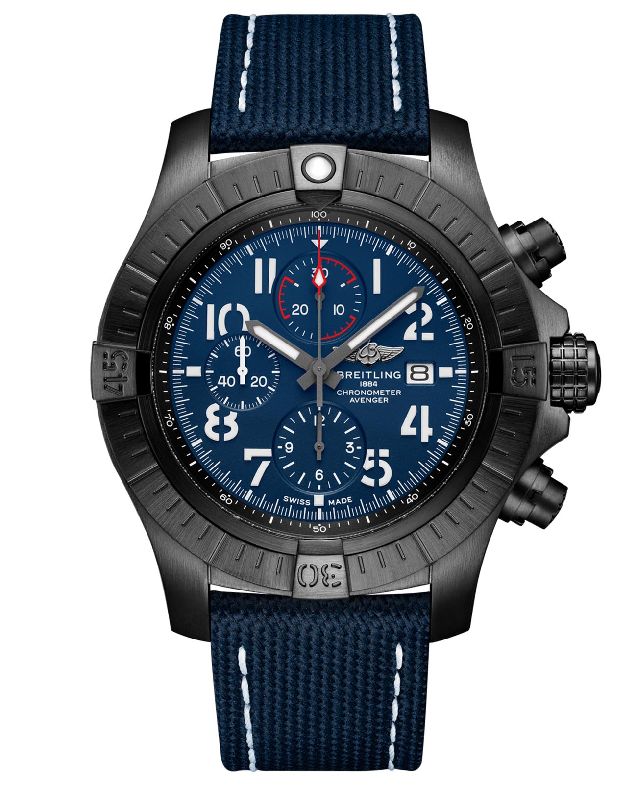 Breitling Breitling Super Avenger Chronograph 48 Night Mission V13375101C1X1  V13375101C1X1 механические мужские часы синий циферблат, браслет кожаный — вид спереди