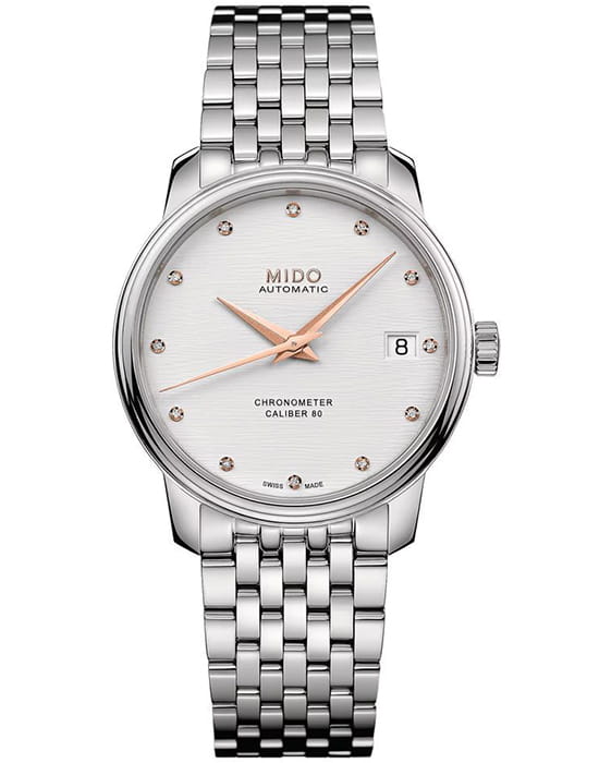 Mido Mido Baroncelli Chronometer M027.208.11.036.00  M0272081103600 механические женские часы белый циферблат, браслет нержавеющая сталь — вид спереди