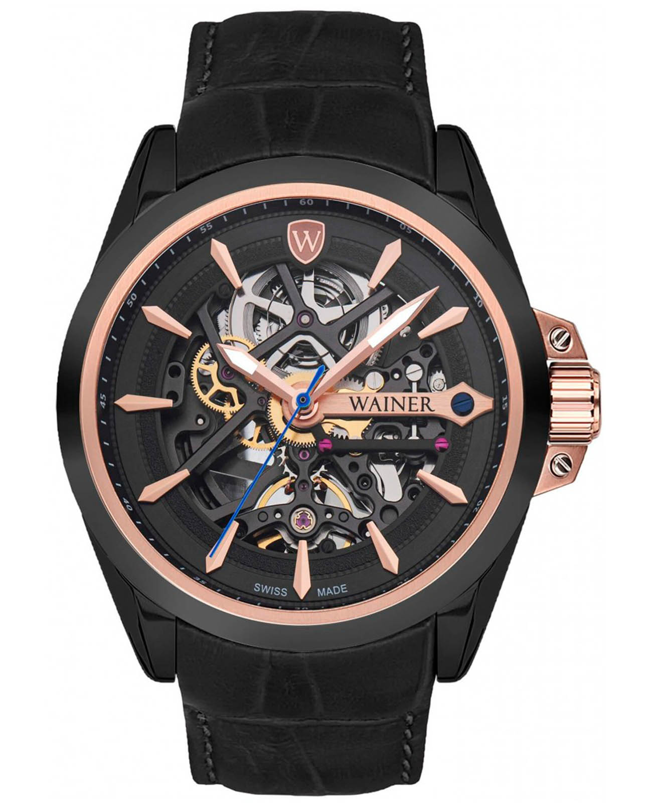 Wainer Wainer WA.25677-E  WA.25677-E механические мужские часы черный циферблат, браслет кожаный — вид спереди