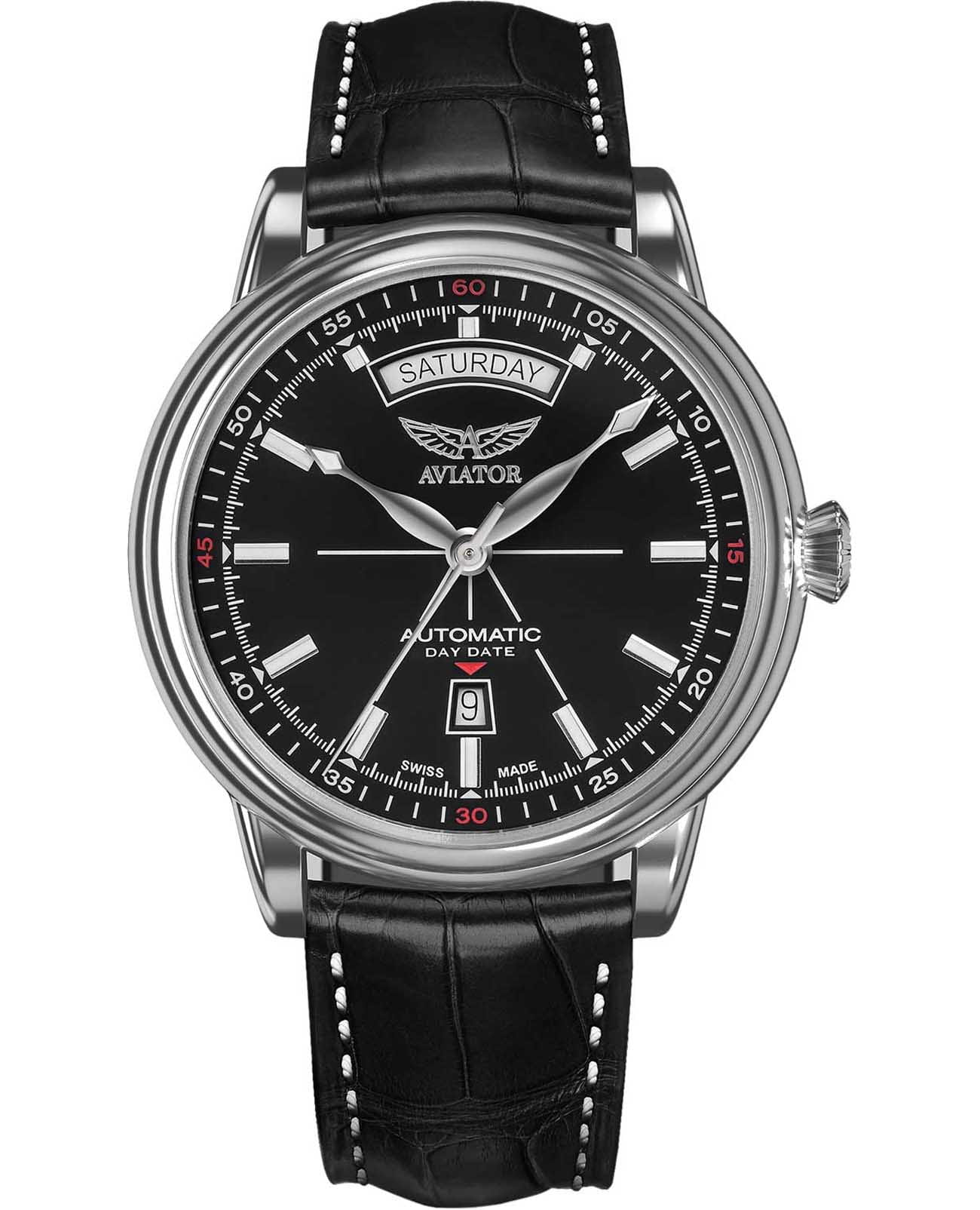 Aviator Aviator Douglas Day-Date V.3.20.0.142.4  V.3.20.0.142.4 механические мужские часы белый циферблат, браслет кожаный — вид спереди