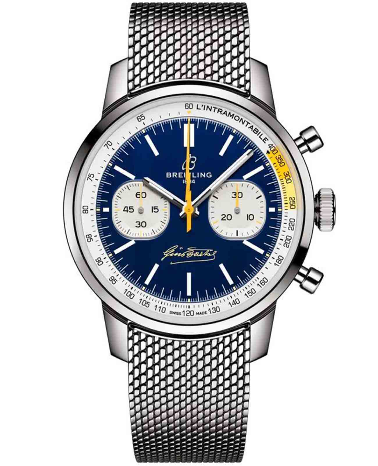 Breitling Breitling Top Time B01 Gino Bartali AB01767A1C1A1  AB01767A1C1A1 механические мужские часы синий циферблат, браслет нержавеющая сталь — вид спереди