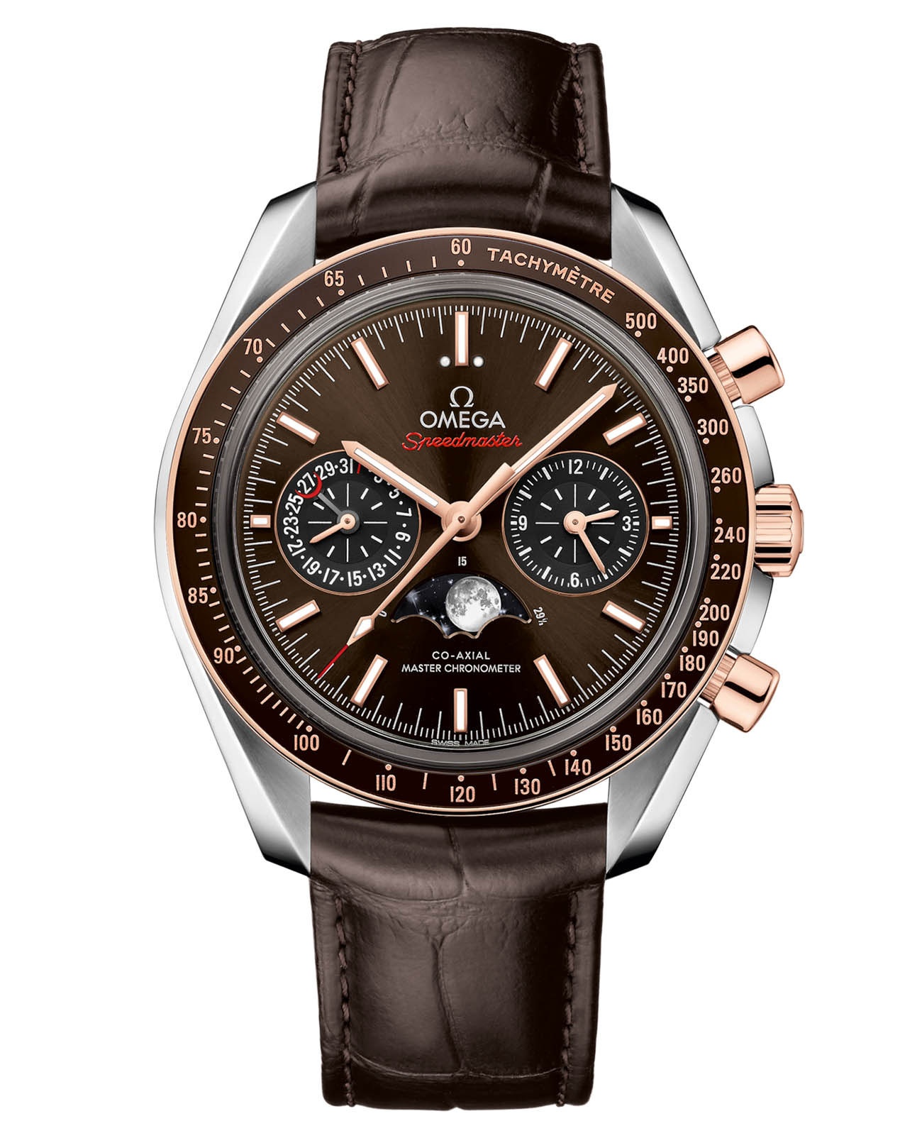 Omega Omega Speedmaster Moonphase 304.23.44.52.13.001   30423445213001 механические мужские часы коричневый циферблат, браслет кожаный — вид спереди