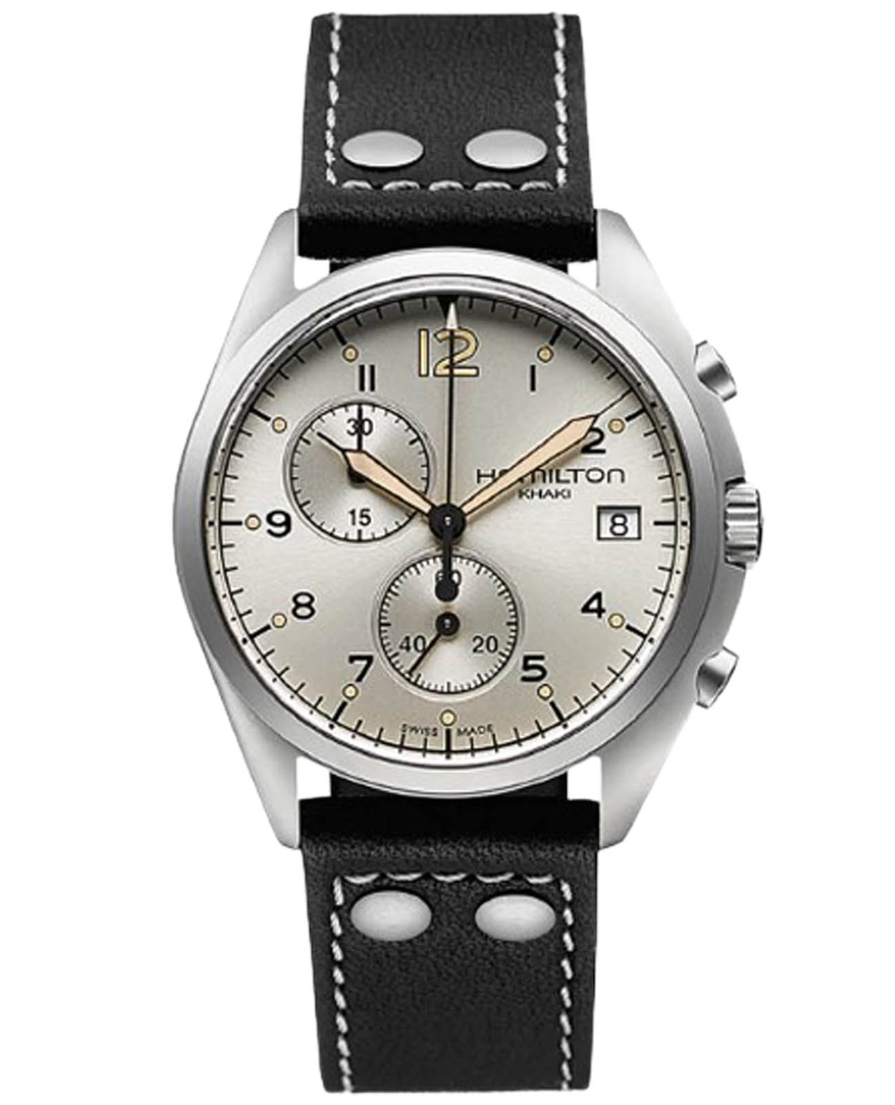 Hamilton Hamilton Khaki Aviation Pilot Pioneer Chrono H76512755  H76512755 кварцевые мужские часы  циферблат, браслет кожаный — вид спереди