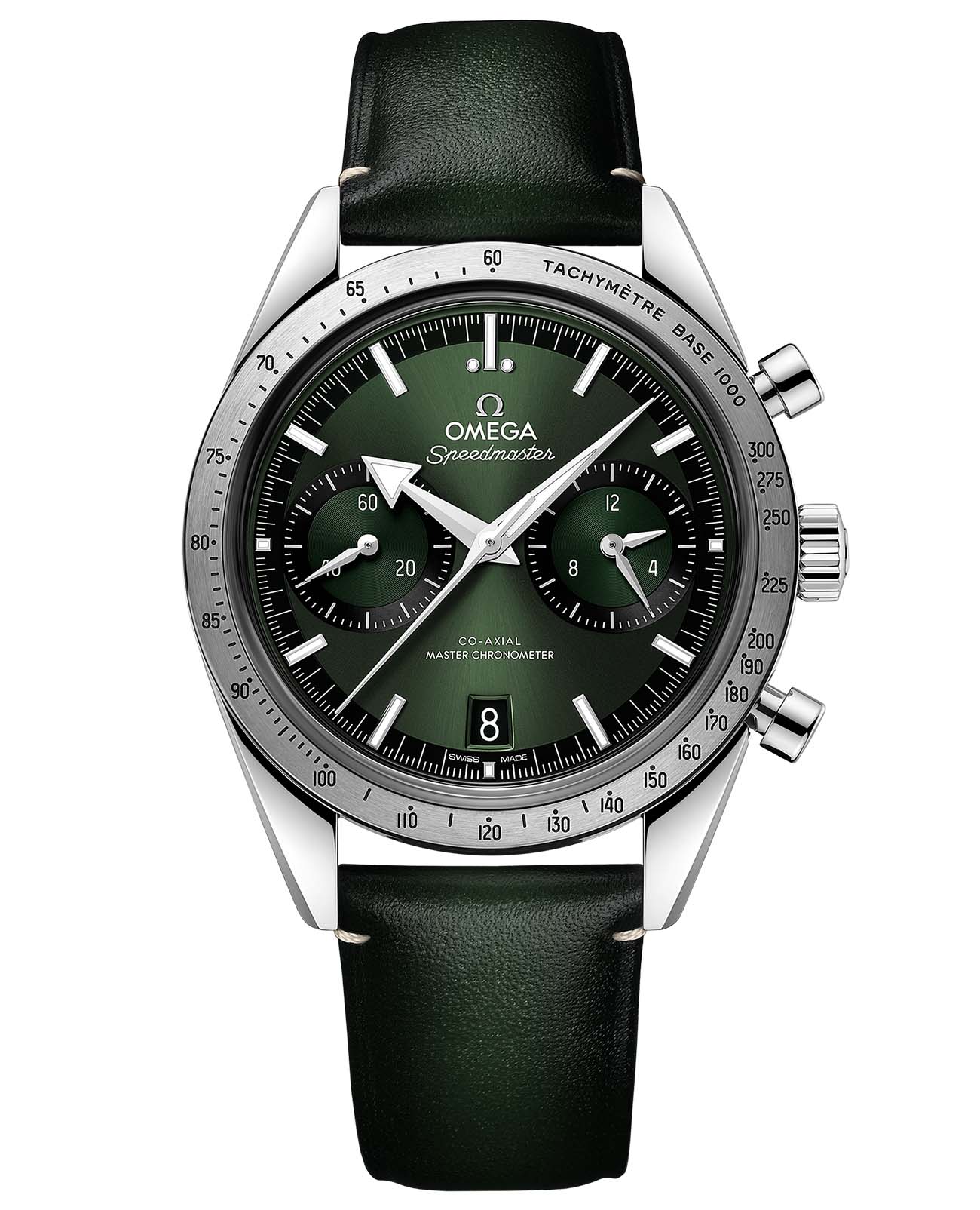 Omega Omega Speedmaster '57 332.12.41.51.10.001    33212415110001 механические мужские часы зеленый циферблат, браслет кожаный — вид спереди
