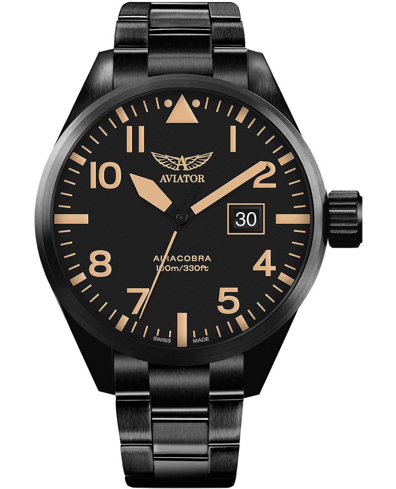 Aviator Aviator Airacobra P42 V.1.22.5.157.5  V.1.22.5.157.5 кварцевые мужские часы черный циферблат, браслет нержавеющая сталь с pvd-покрытием — вид спереди