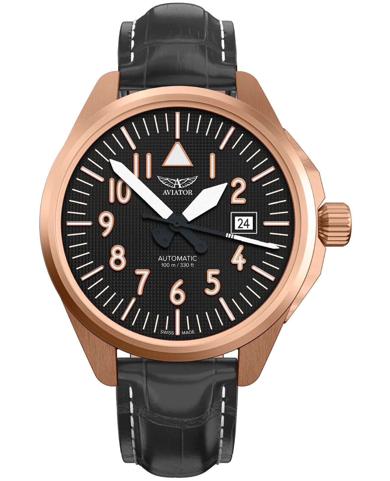 Aviator Aviator Airacobra V.3.39.2.339.4  V.3.39.2.339.4 механические мужские часы черный циферблат, браслет кожаный — вид спереди