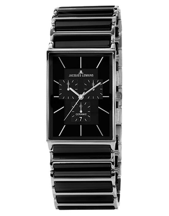 Jacques Lemans Jacques Lemans 1-1900A  1-1900A кварцевые мужские часы черный циферблат, браслет сталь с ip покрытием + керамика — вид спереди
