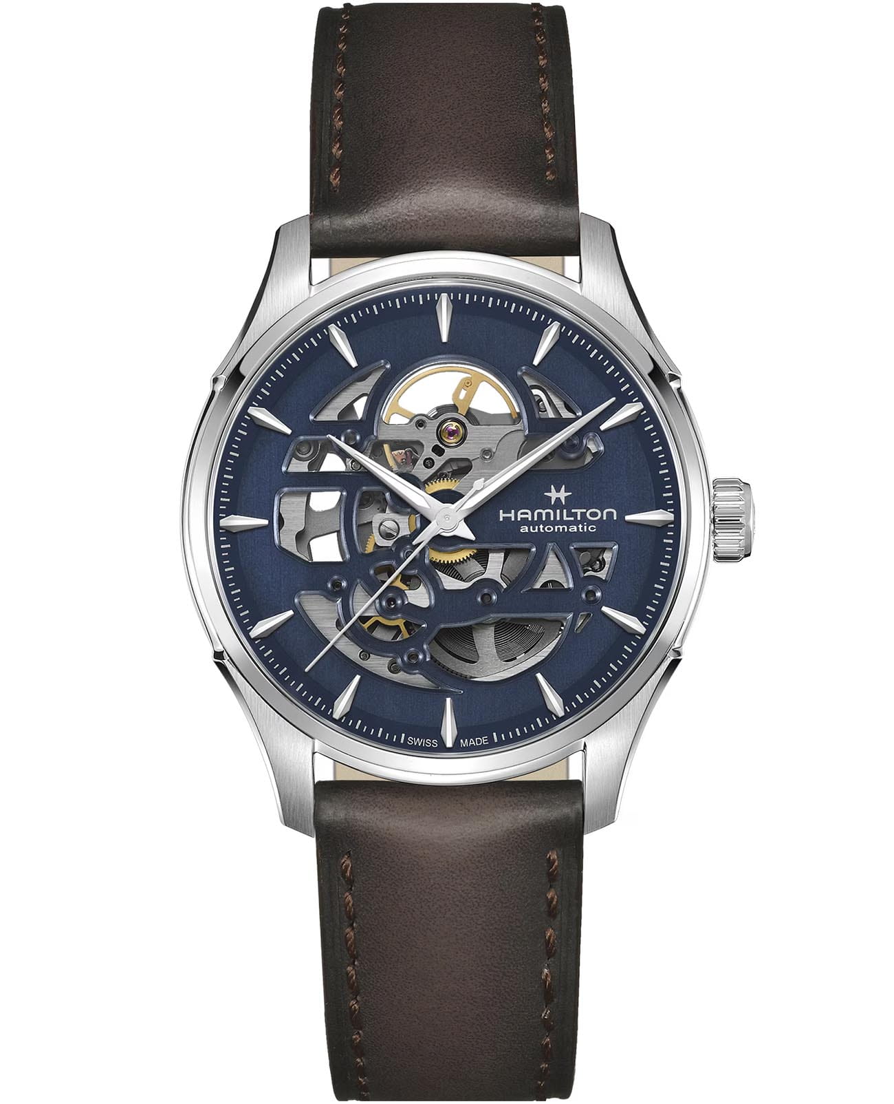 Hamilton Hamilton Jazzmaster Skeleton Auto H42535541  H42535541 механические мужские часы синий циферблат, браслет кожаный — вид спереди