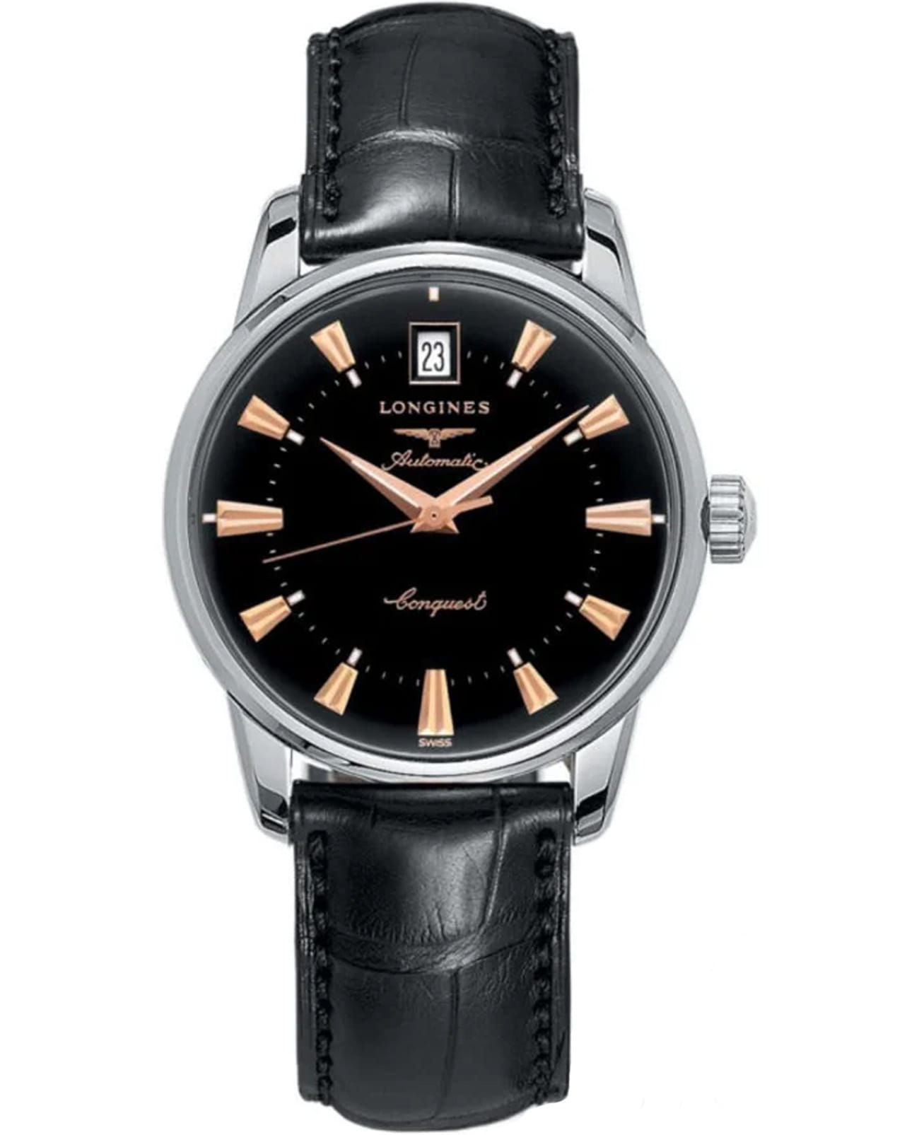 Longines Longines Heritage L1.611.4.52.4  L16114524 механические женские часы черный циферблат, браслет кожаный — вид спереди