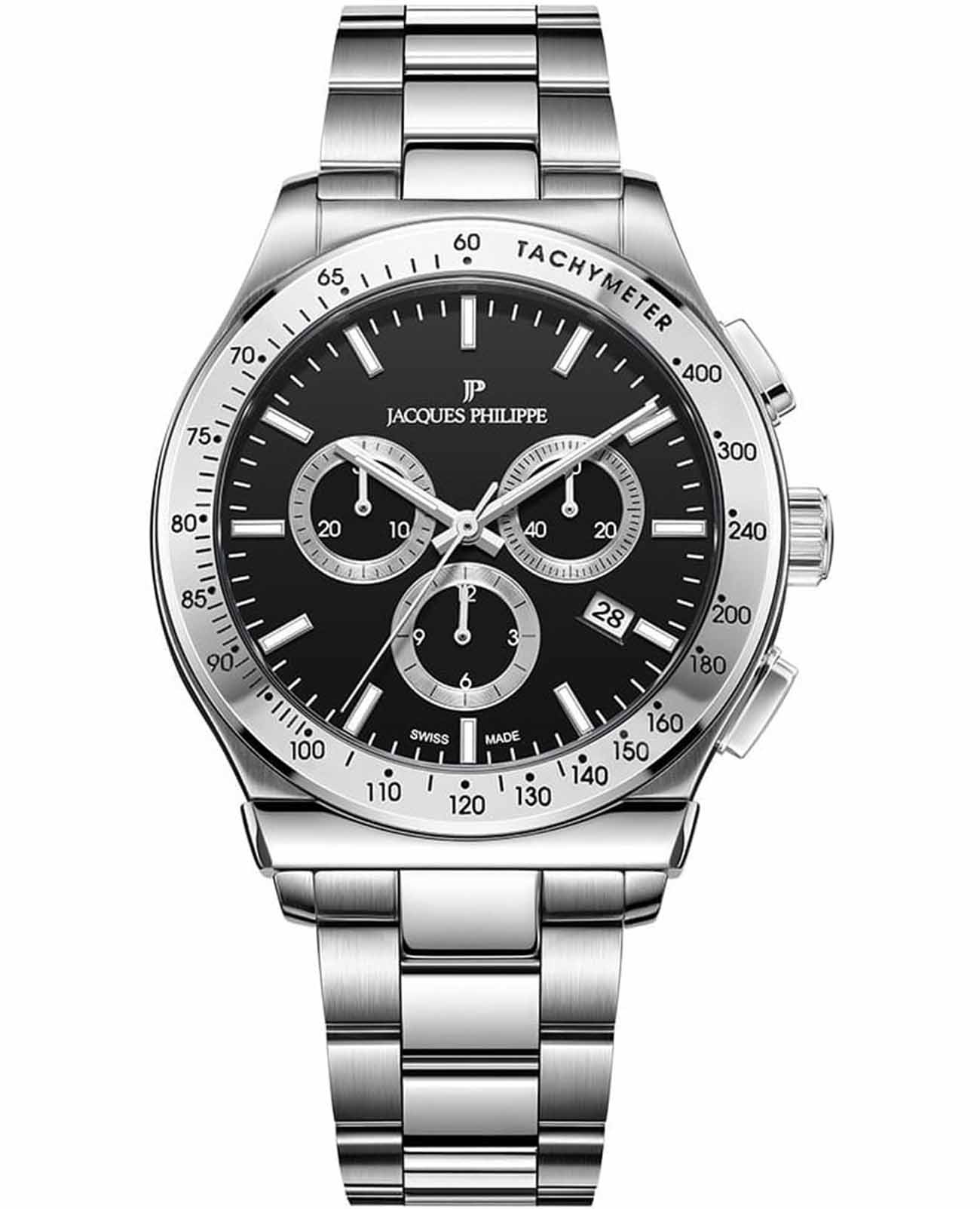 Jacques Philippe Jacques Philippe Classicus JPQGC701316  JPQGC701316 кварцевые мужские часы черный циферблат, браслет нержавеющая сталь 316l — вид спереди