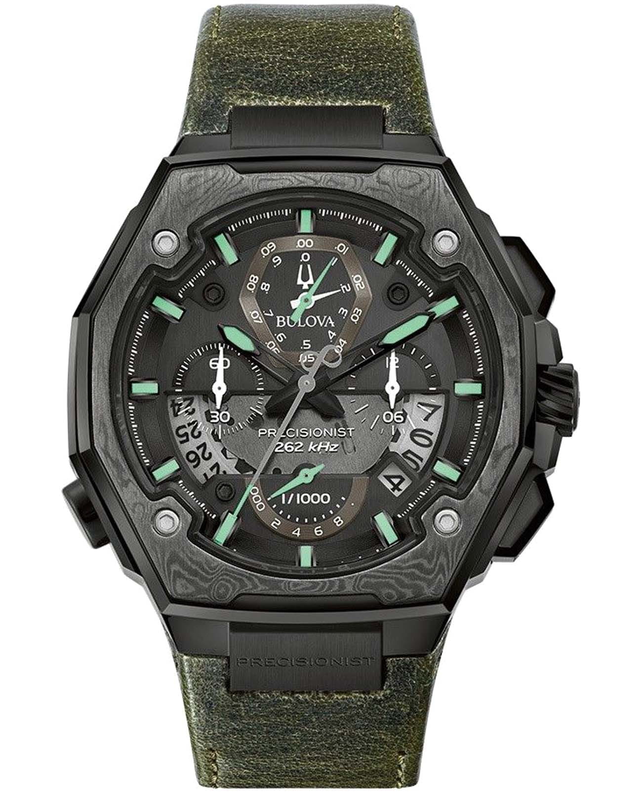 Bulova Bulova Precisionist 98B355  98B355 кварцевые мужские часы черный циферблат, браслет кожаный — вид спереди