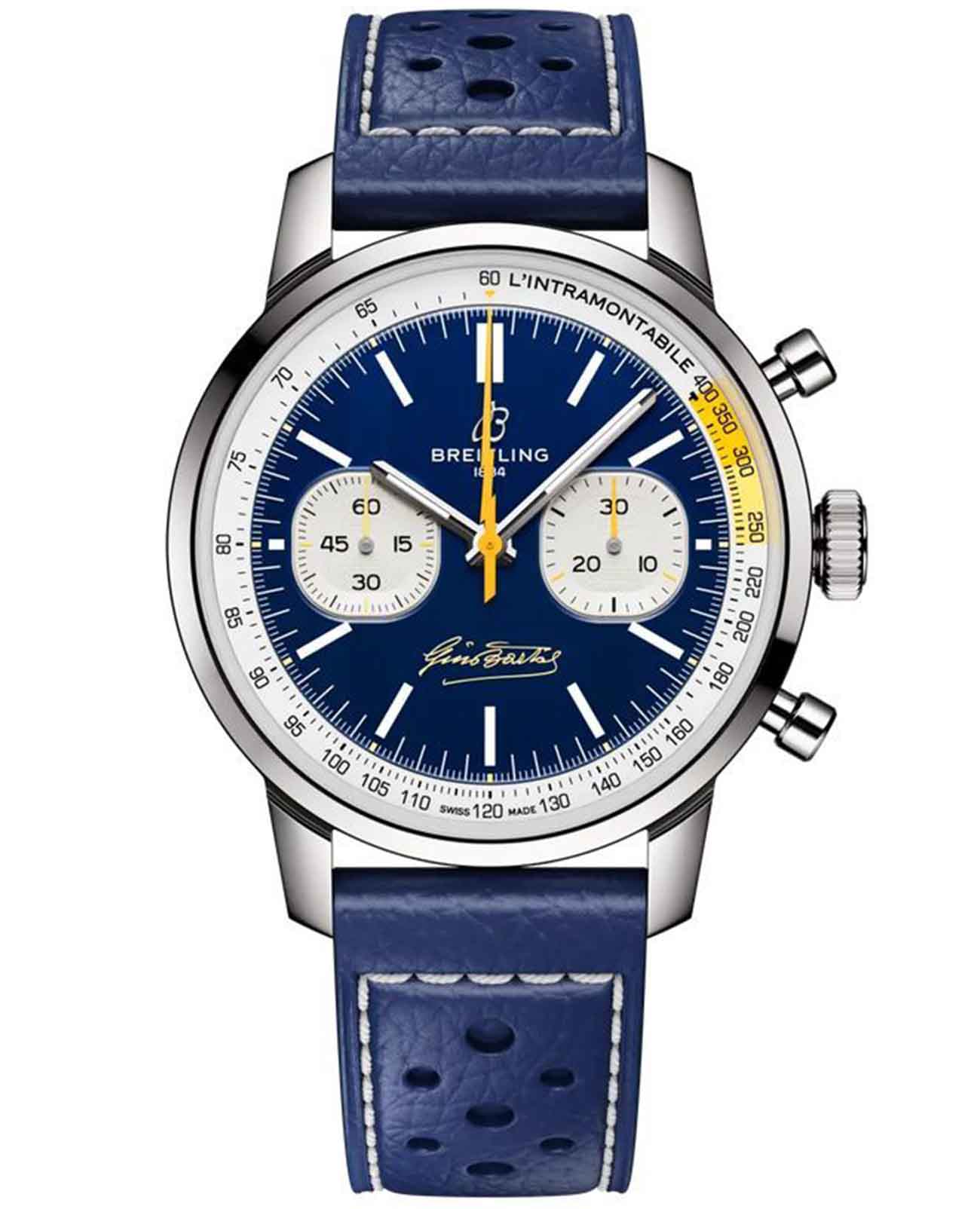 Breitling Breitling Top Time B01 Gino Bartali AB01767A1C1X1  AB01767A1C1X1 механические мужские часы синий циферблат, браслет кожаный — вид спереди