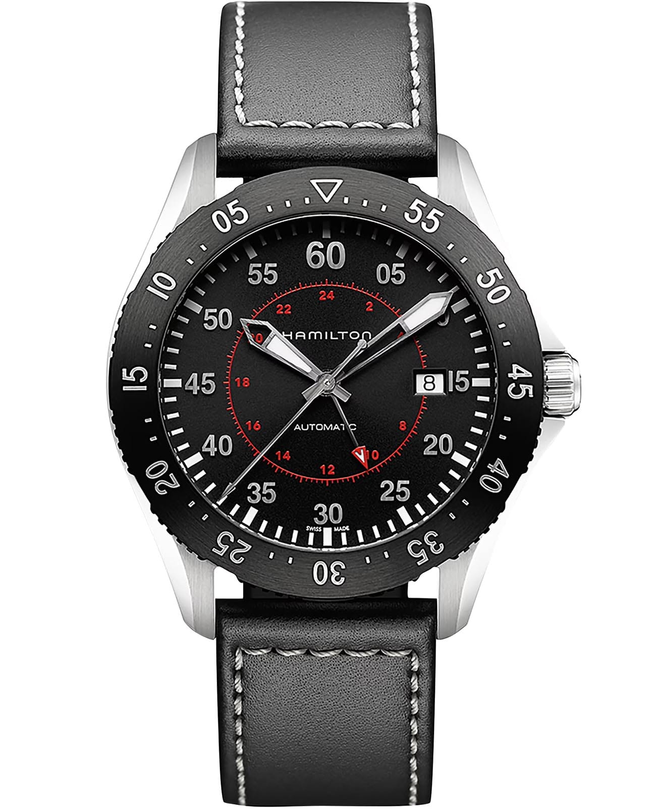 Hamilton Hamilton Khaki Aviation Pilot GMT Auto H76755735  H76755735 механические мужские часы черный циферблат, браслет кожаный — вид спереди