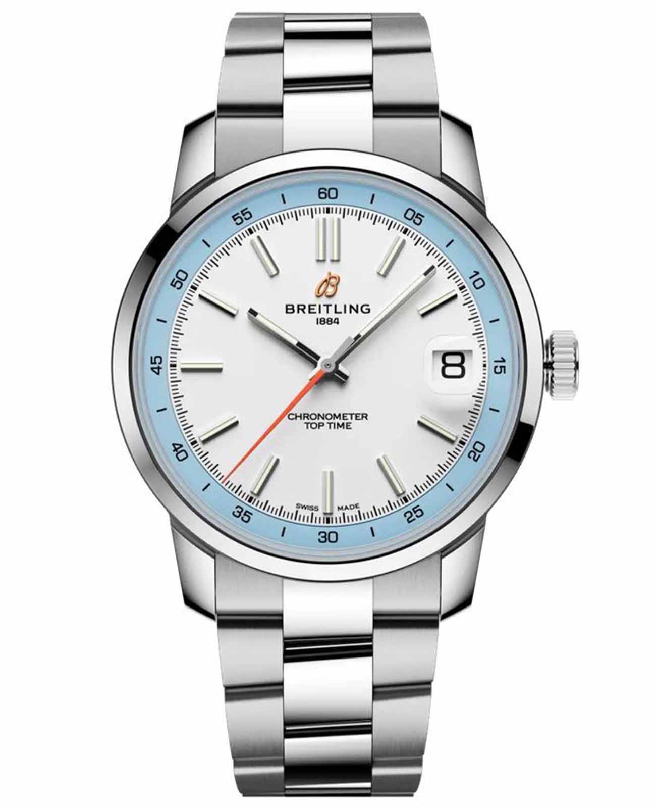Breitling Breitling Top Time B31 AB3113281A1A1  AB3113281A1A1 механические мужские часы белый циферблат, браслет нержавеющая сталь — вид спереди