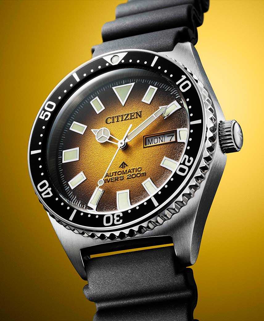 Citizen Citizen Promaster NY0120-01X механические мужские часы часы крупный план желтый циферблата
