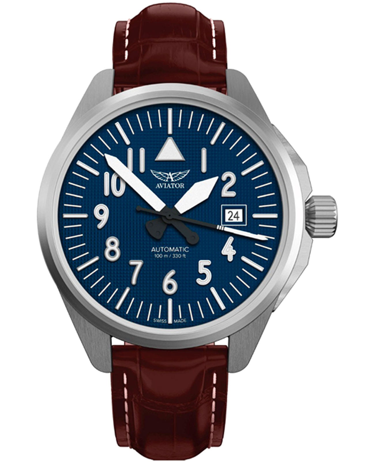 Aviator Aviator Airacobra V.3.39.0.334.4  V.3.39.0.334.4 механические мужские часы синий циферблат, браслет кожаный — вид спереди