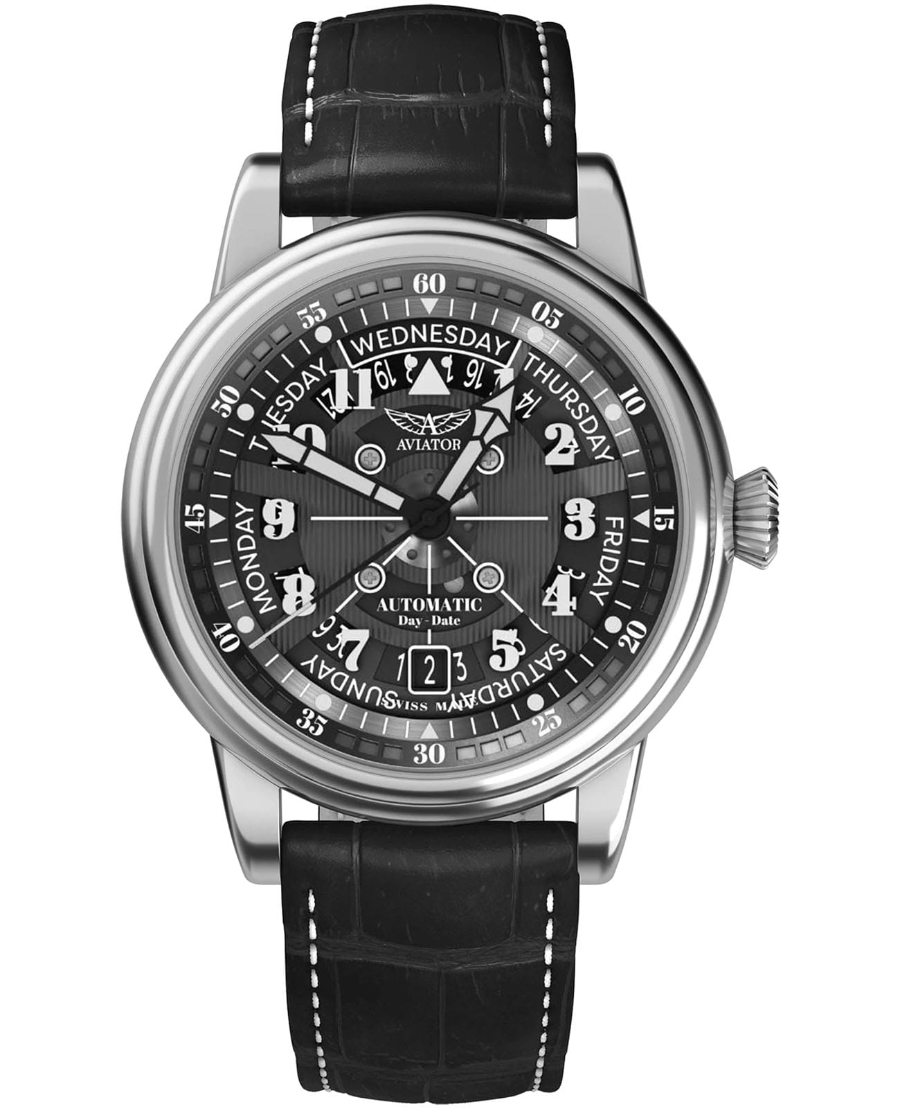 Aviator Aviator Douglas Day Date V.3.36.0.284.4  V.3.36.0.284.4 механические мужские часы черный циферблат, браслет кожаный — вид спереди