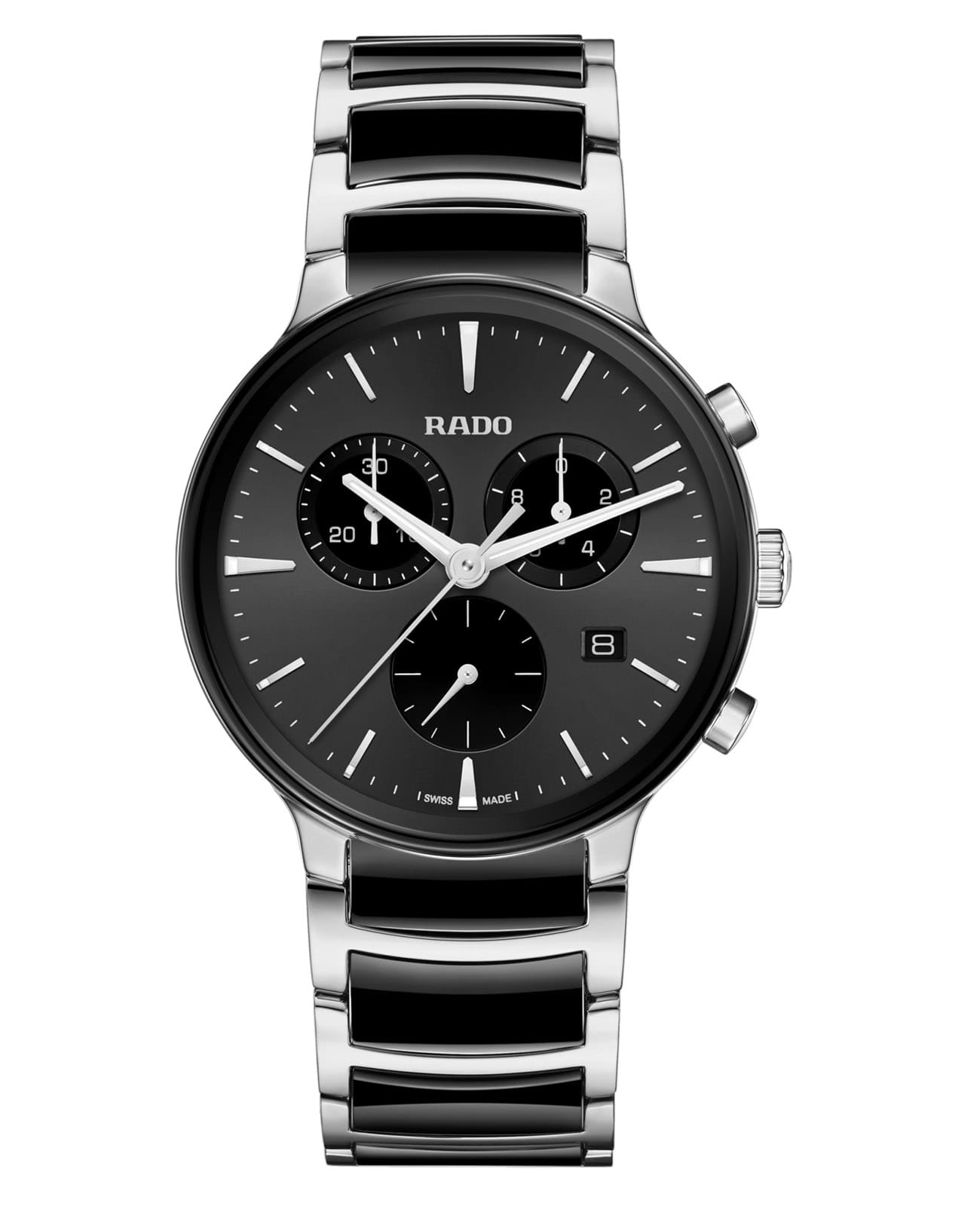 Rado Rado Centrix Chronograph R30210152  R30210152 кварцевые мужские часы черный циферблат, браслет сталь + керамические вставки — вид спереди