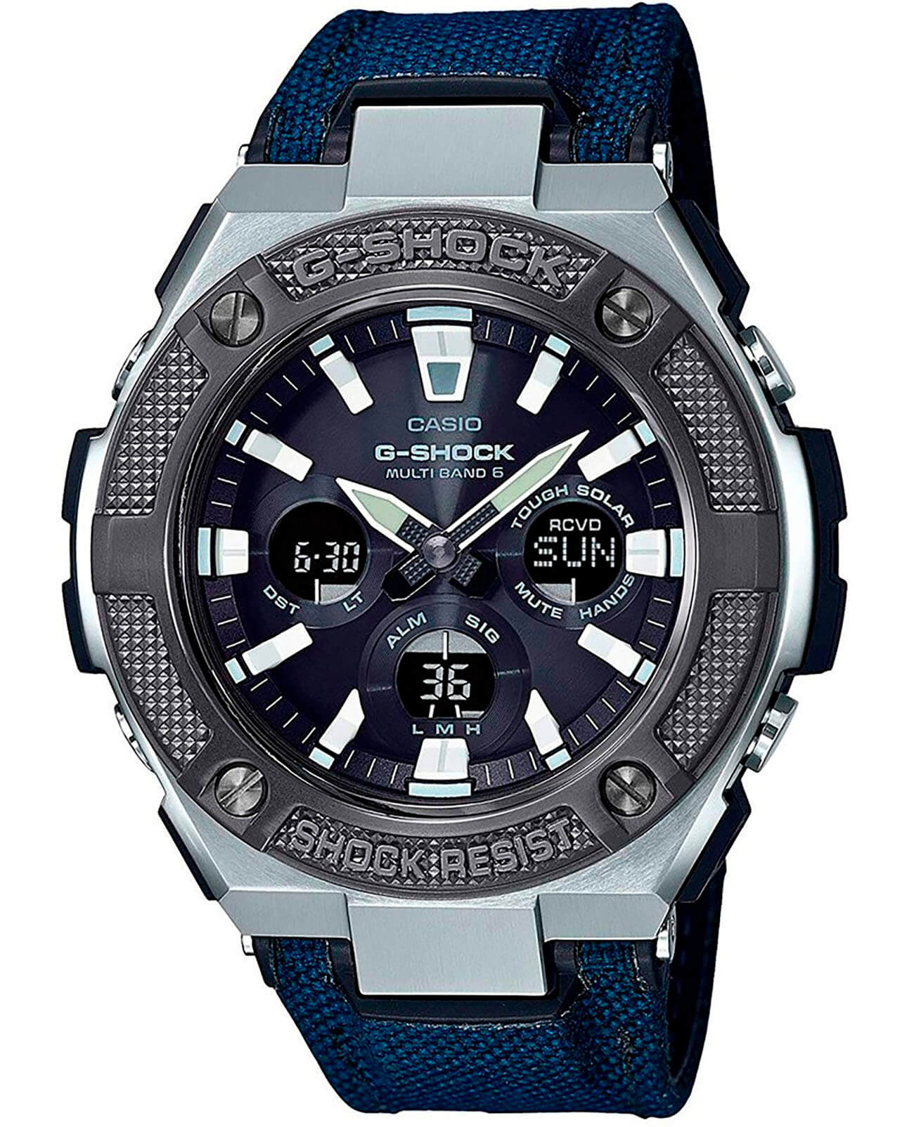 Casio Casio G-Shock GST-W330AC-2A GST G-Steel GST-W330AC-2AER электронные мужские часы черный циферблат, браслет кожа + нейлон — вид спереди